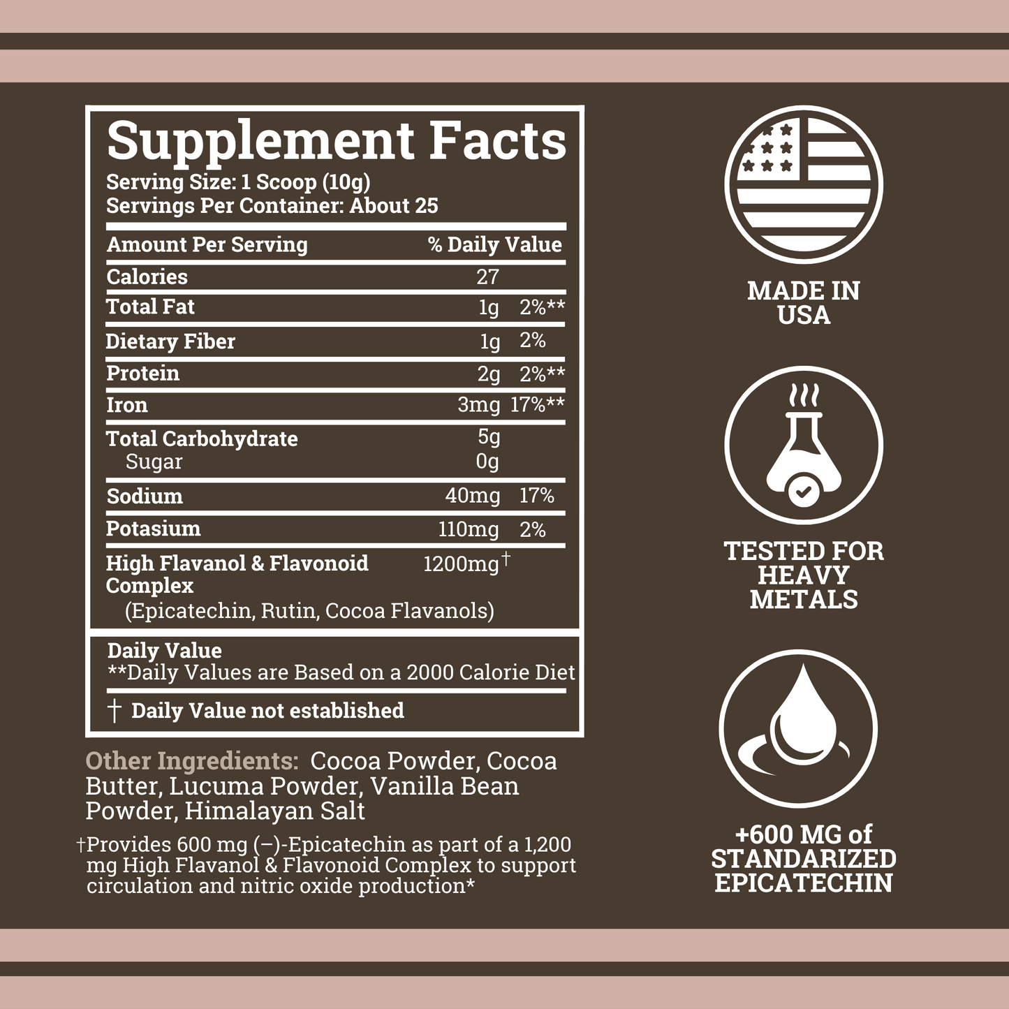 Supplement facts label with icons indicating 'Made in USA', 'Tested for heavy metals', and '600 mg of standardized epicatechin'.