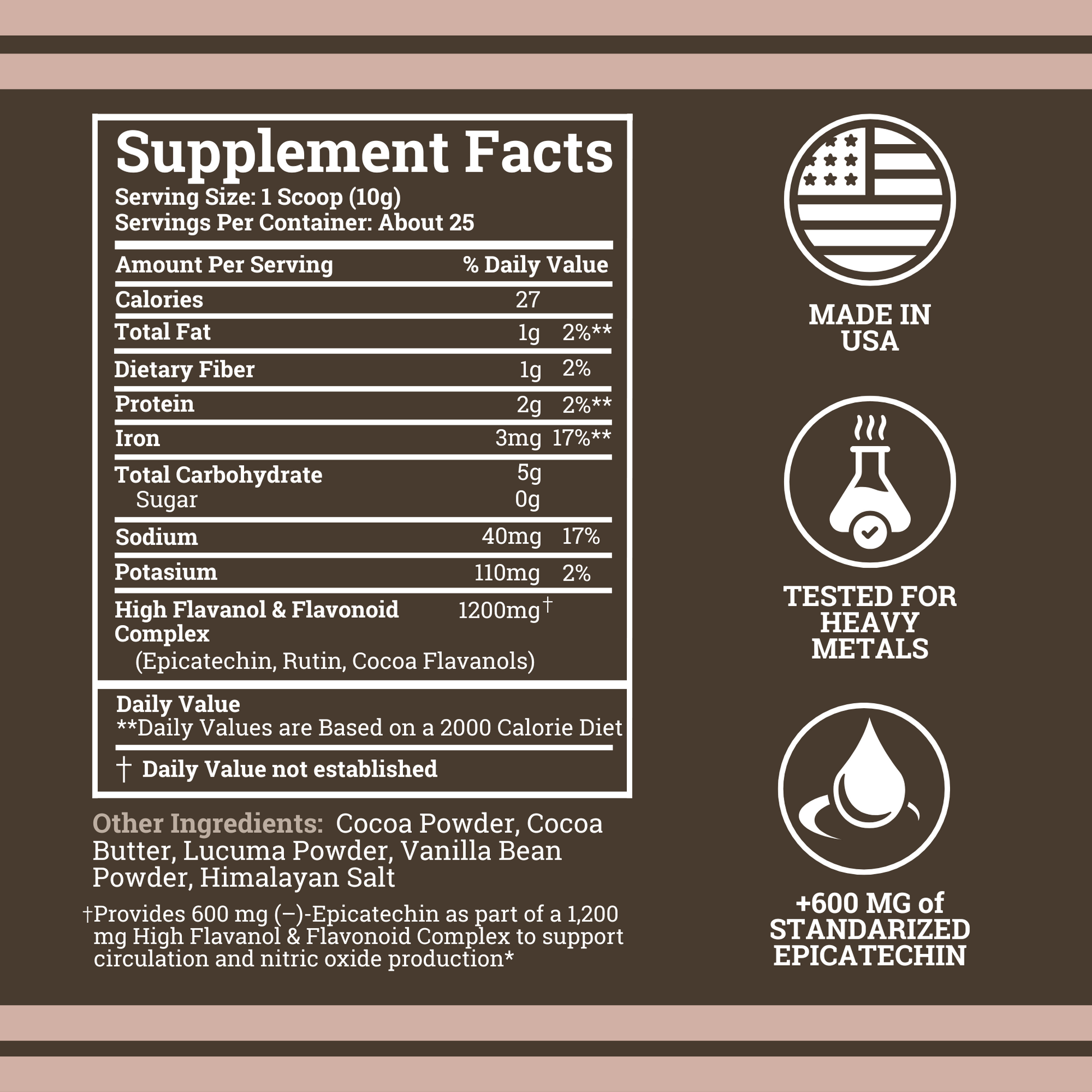 Supplement facts label with icons indicating 'Made in USA', 'Tested for heavy metals', and '600 mg of standardized epicatechin'.
