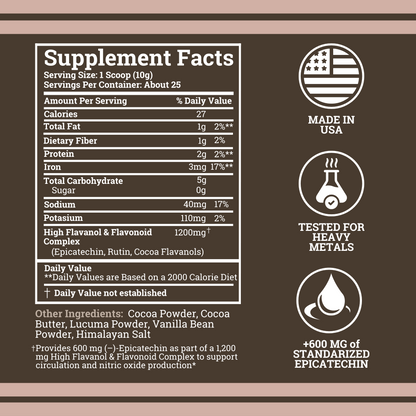 Supplement facts label with icons indicating 'Made in USA', 'Tested for heavy metals', and '600 mg of standardized epicatechin'.