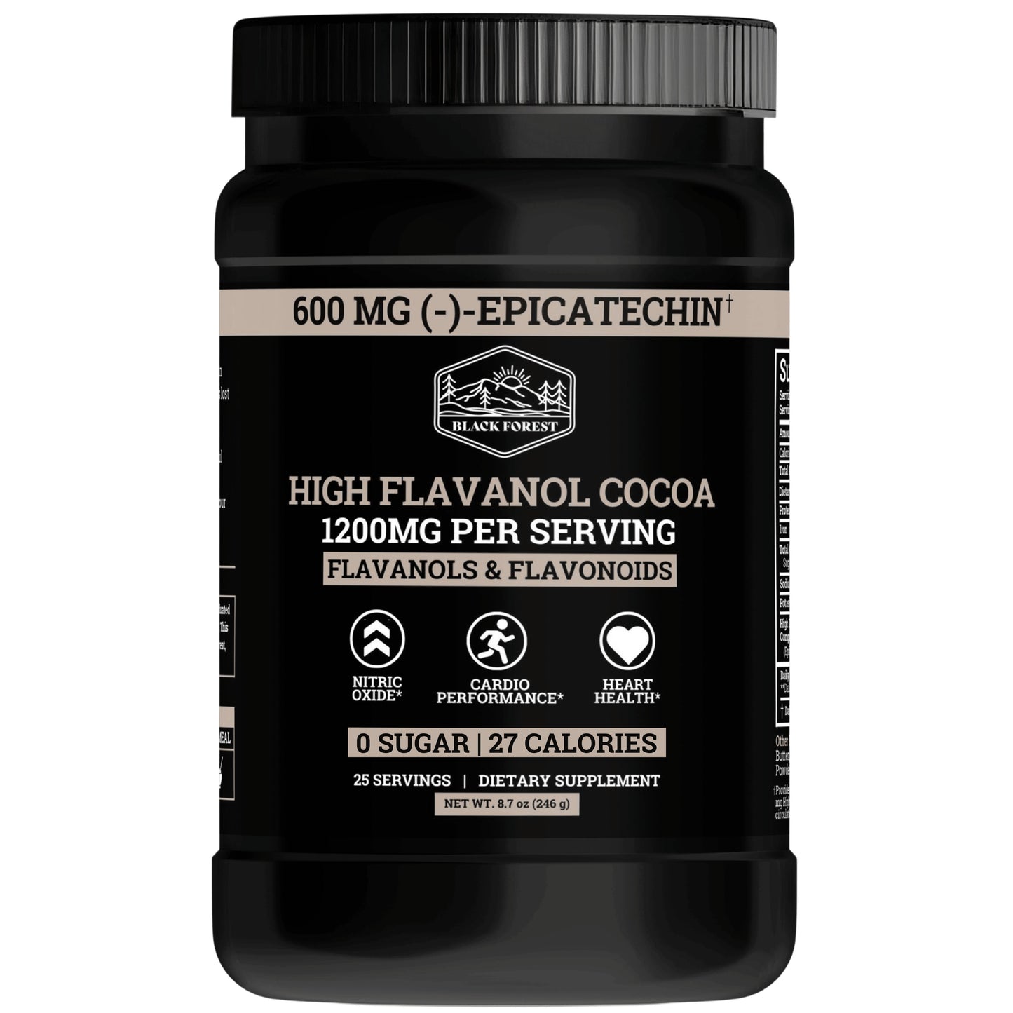 A container of Black Forest Supercharged Cocoa Flavanols & Flavonoids dietary supplement with the text '600MG OF STANDARDIZED EPicatechin' on the label. The container is black, and the product is labeled as a unisex supplement.