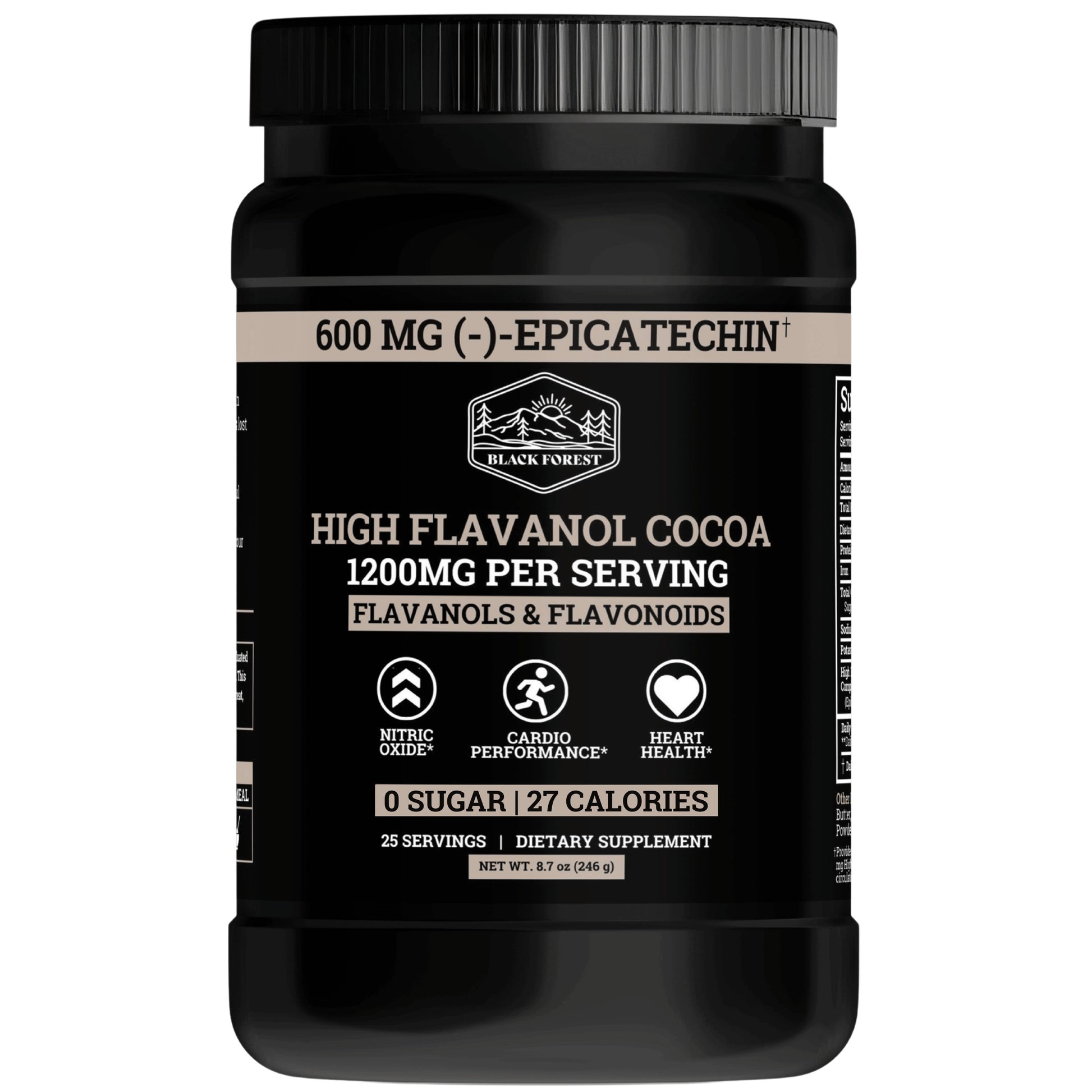 A container of Black Forest Supercharged Cocoa Flavanols & Flavonoids dietary supplement with the text '600MG OF STANDARDIZED EPicatechin' on the label. The container is black, and the product is labeled as a unisex supplement.