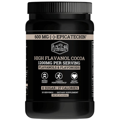 A container of Black Forest Supercharged Cocoa Flavanols & Flavonoids dietary supplement with the text '600MG OF STANDARDIZED EPicatechin' on the label. The container is black, and the product is labeled as a unisex supplement.