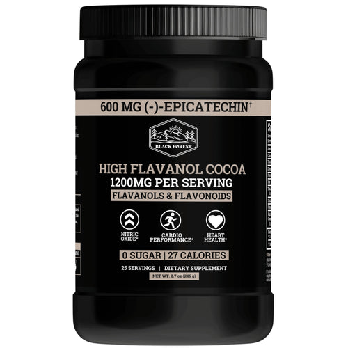 A container of Black Forest Supercharged Cocoa Flavanols & Flavonoids dietary supplement with the text '600MG OF STANDARDIZED EPicatechin' on the label. The container is black, and the product is labeled as a unisex supplement.