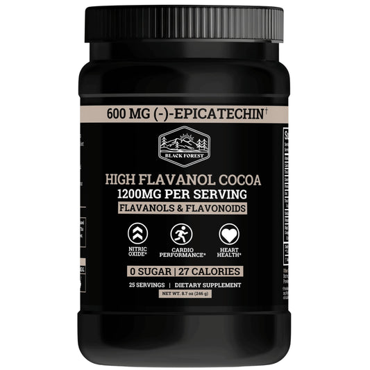 A container of Black Forest Supercharged Cocoa Flavanols & Flavonoids dietary supplement with the text '600MG OF STANDARDIZED EPicatechin' on the label. The container is black, and the product is labeled as a unisex supplement.
